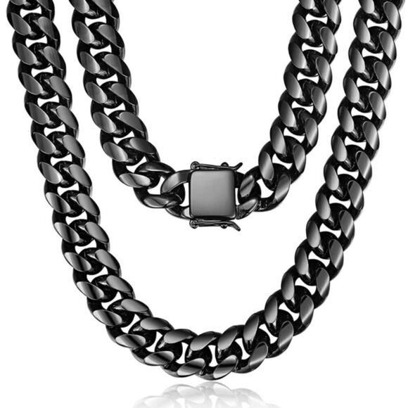 Men’s 15MM Long Cuban Black Stainless Necklace - Picture 5 of 9